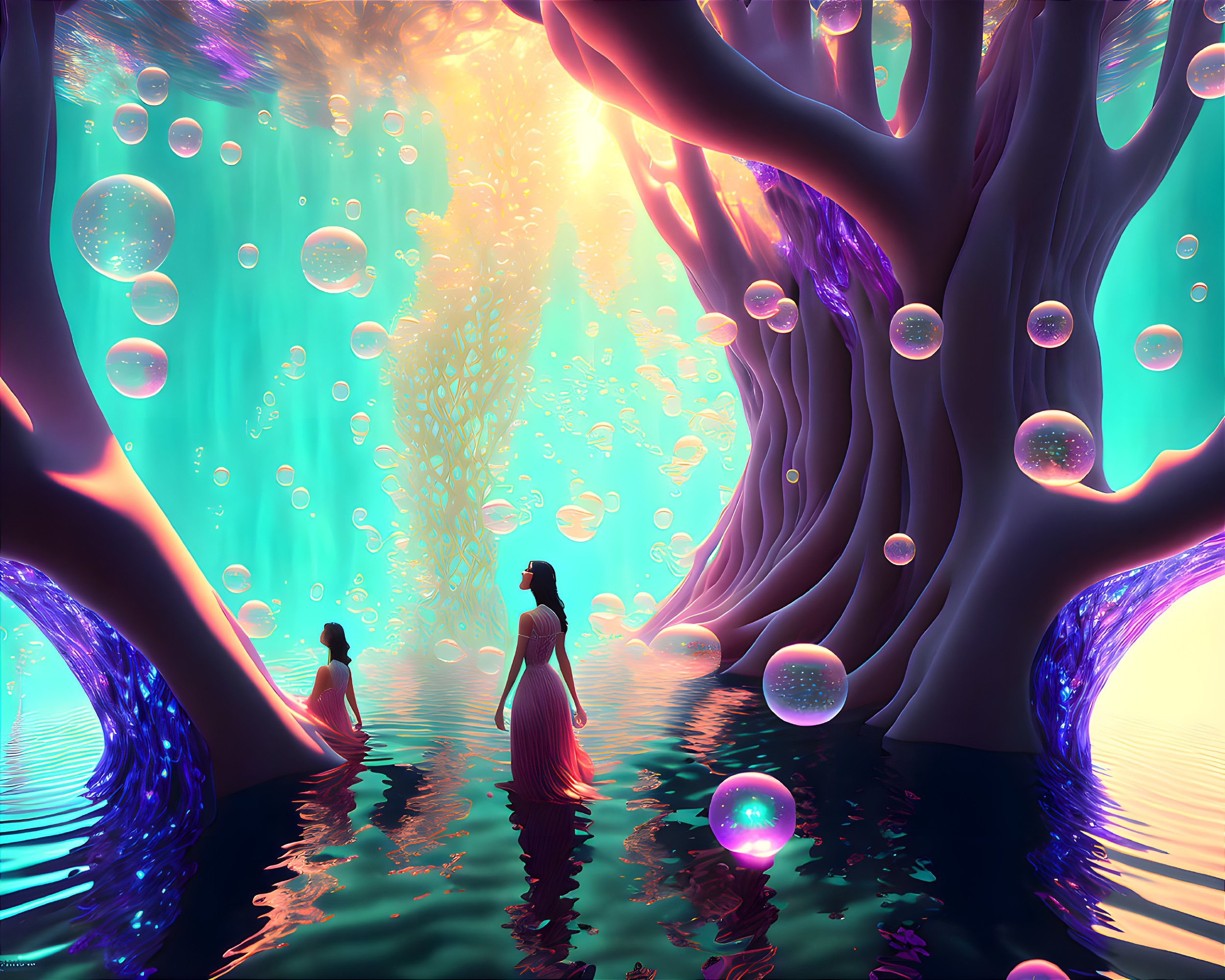 Surreal waterscape with two individuals, trees, bubbles, and radiant light