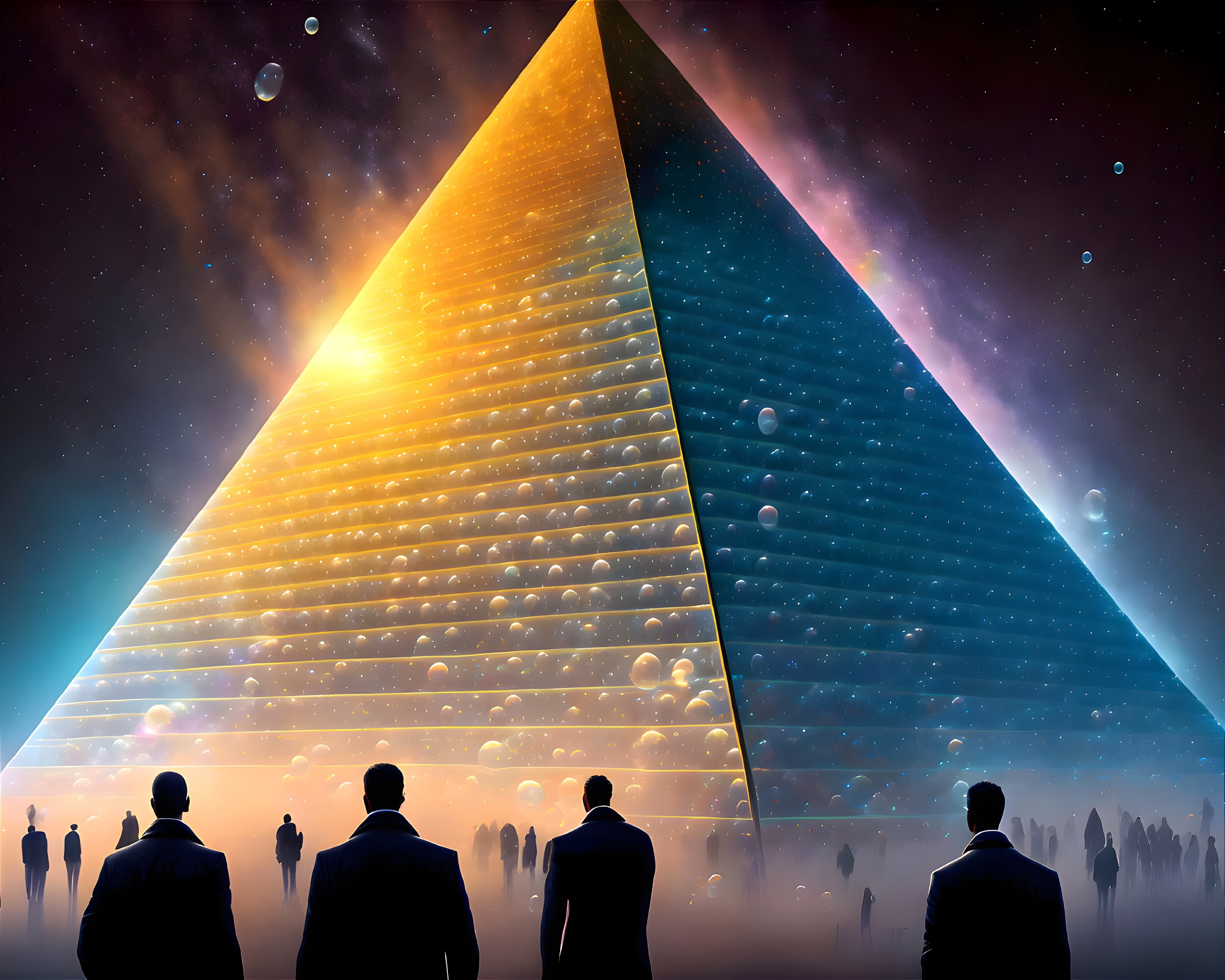 Silhouetted group gazes at illuminated pyramid in cosmic setting