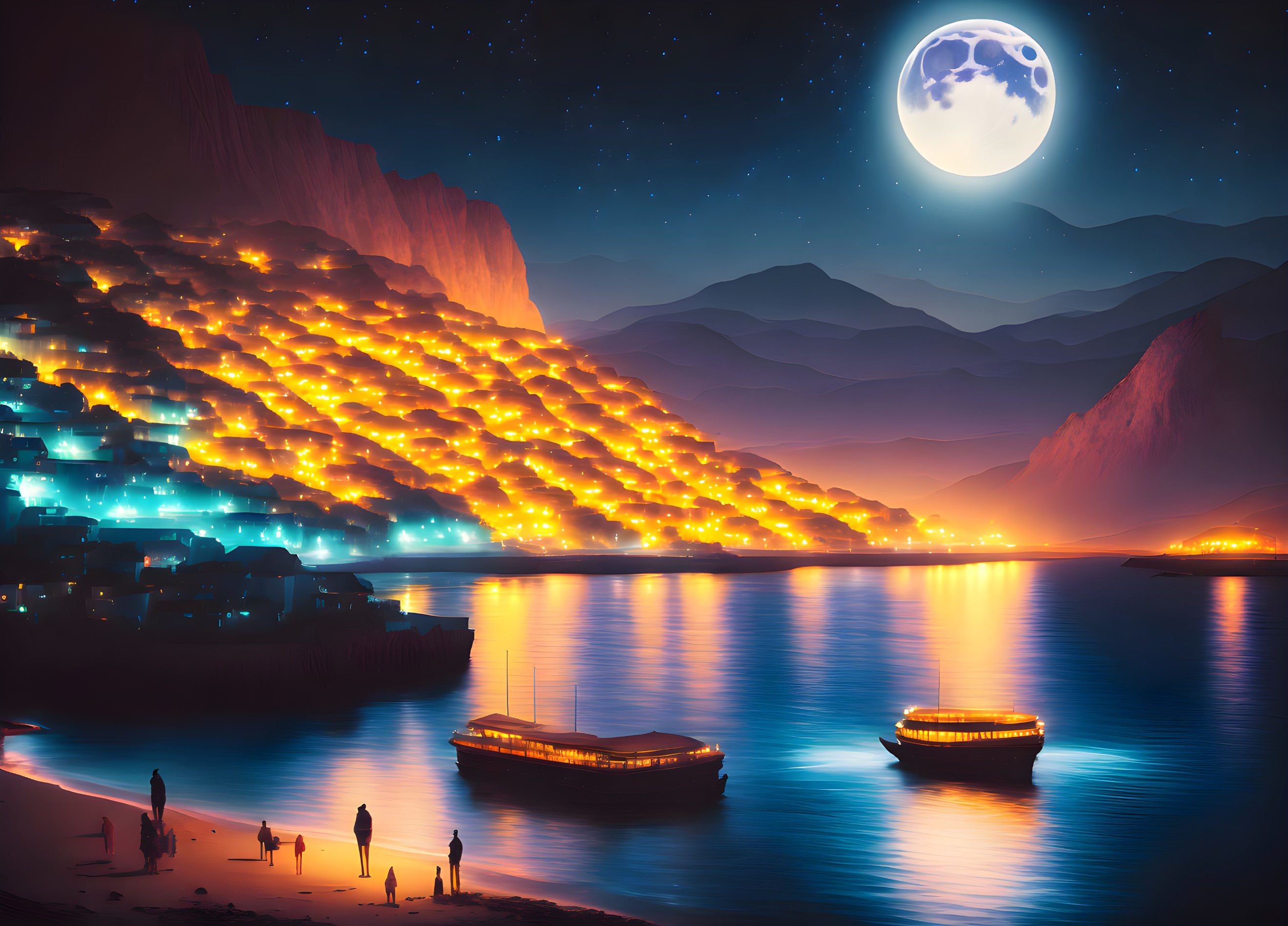 Coastal night scene: illuminated houses, boats, people, starry sky, large moon.