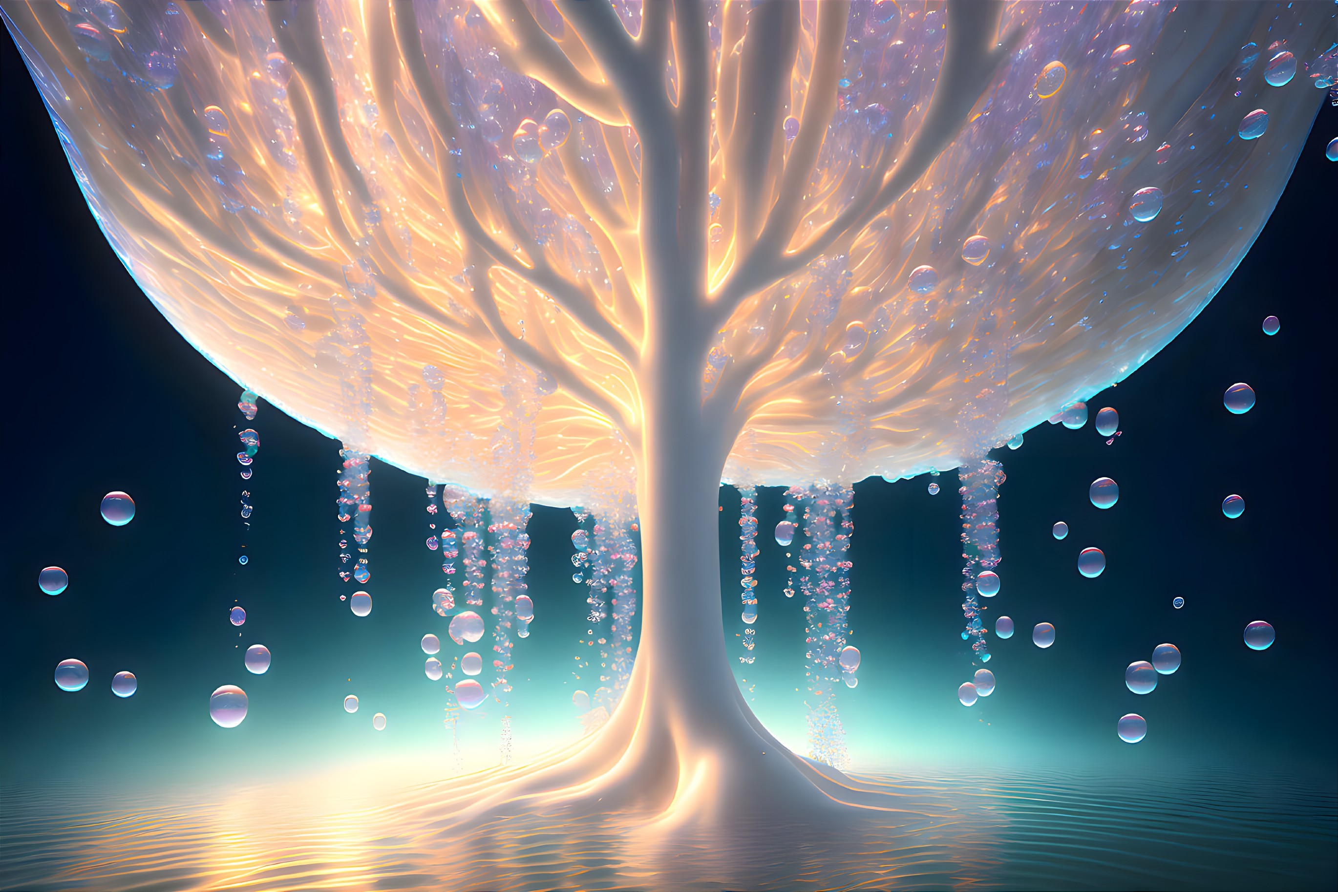 Radiant magical tree with floating bubbles on tranquil blue backdrop