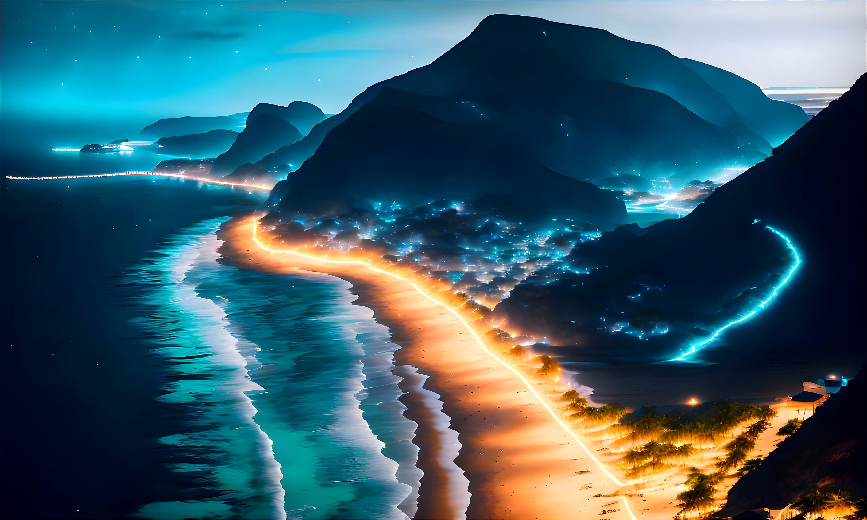 Scenic coastal landscape at dusk with winding road, illuminated town, mountains, starry sky