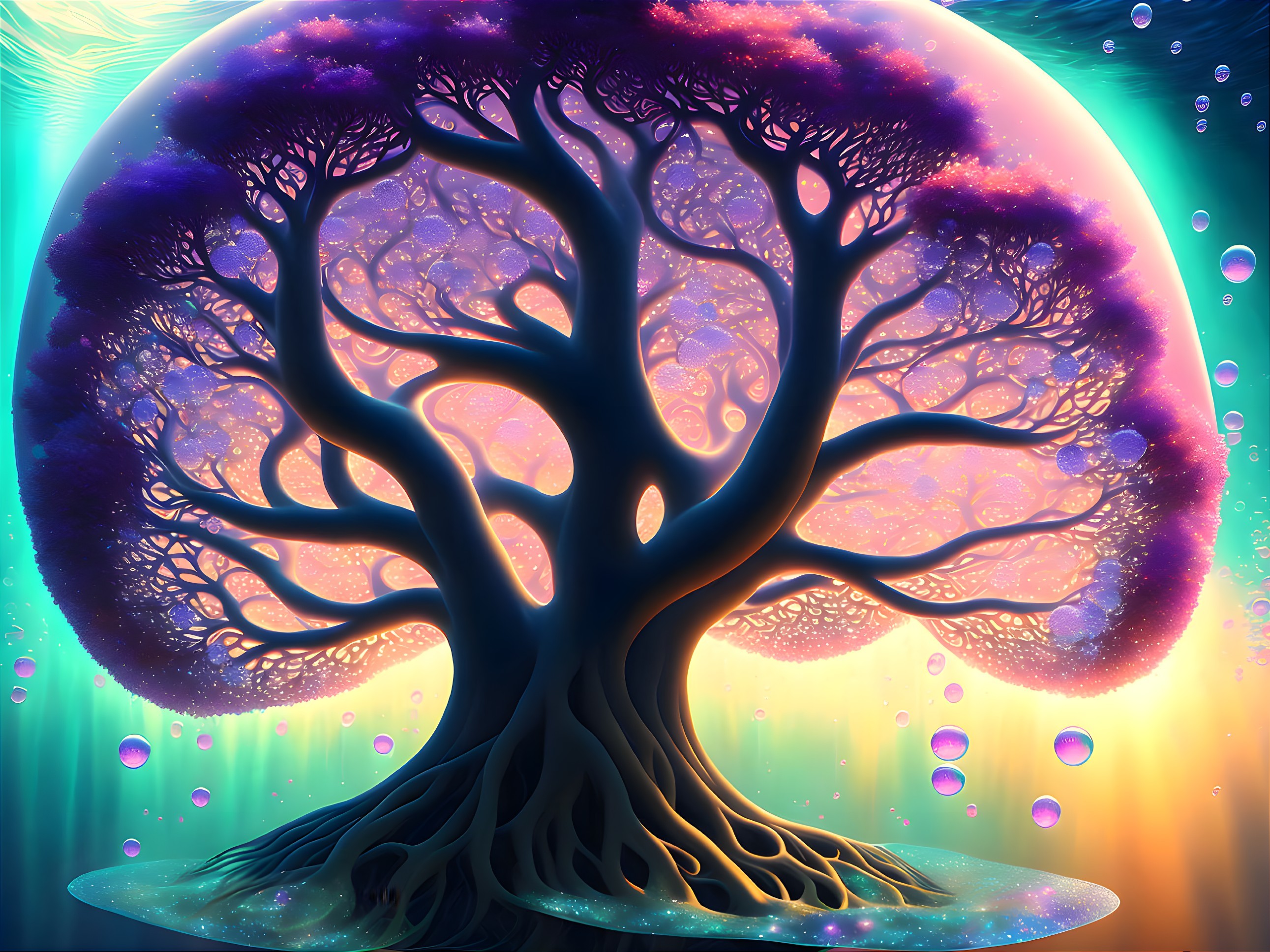 Colorful digital art: whimsical tree with purple foliage under large moon on blue-orange gradient.