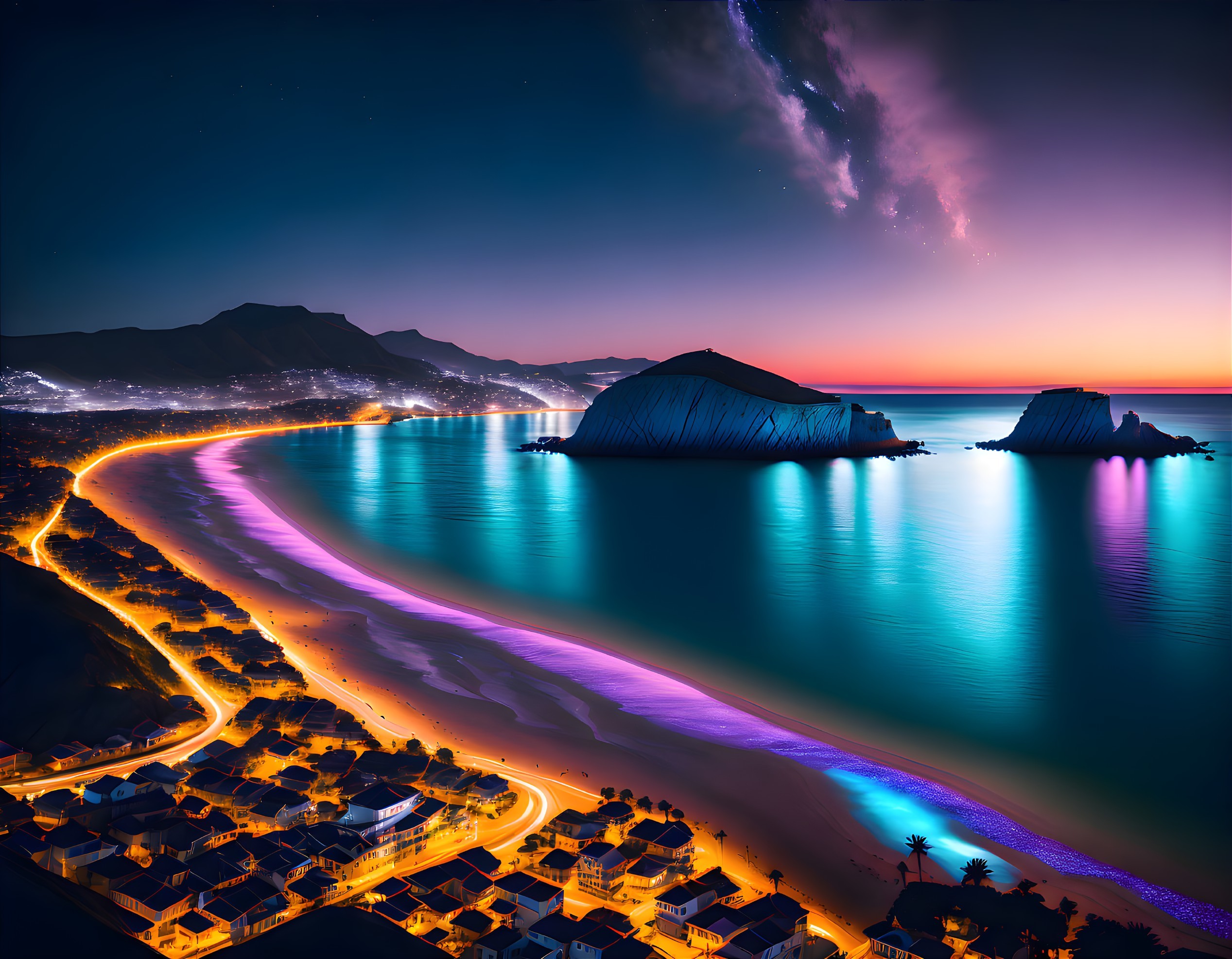 Twilight coastal city scene with illuminated streets, ocean, starry sky, and Milky Way.