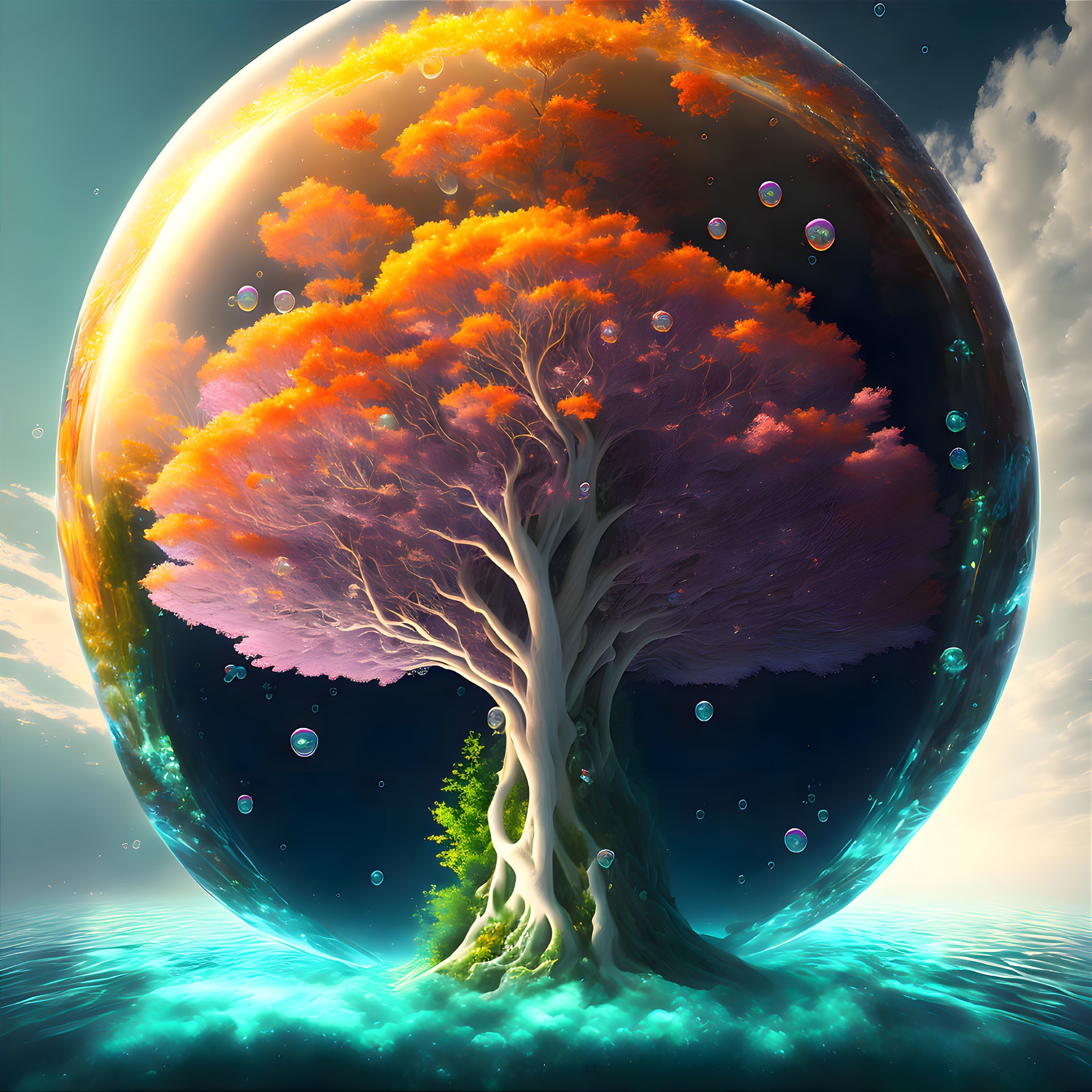 Colossal orange-purple tree in transparent sphere above water