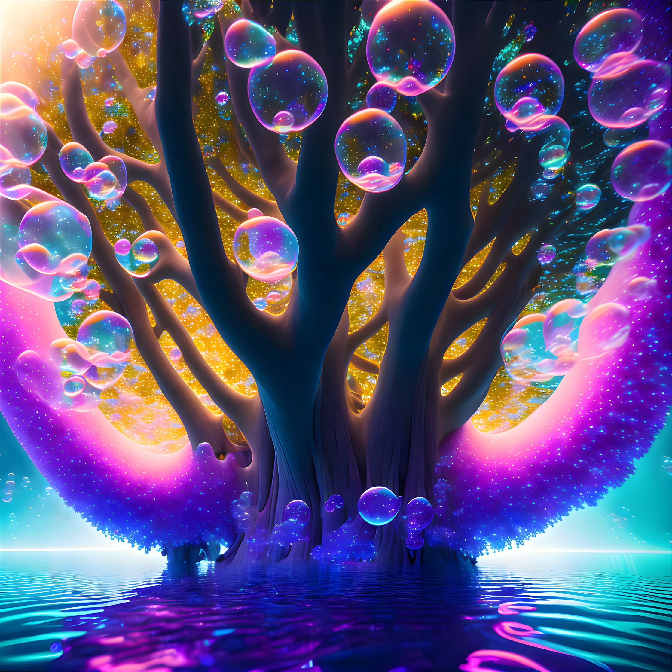 Colorful surreal landscape with glowing tree roots and floating bubbles