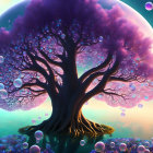 Colorful digital art: whimsical tree with purple foliage under large moon on blue-orange gradient.