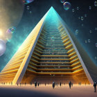 Golden pyramid with blue core in starry sky with people and bubbles