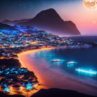 Coastal town twilight scene with illuminated buildings, ships, mountains, starry sky, and large