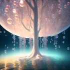 Radiant magical tree with floating bubbles on tranquil blue backdrop