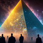 Silhouetted group gazes at illuminated pyramid in cosmic setting