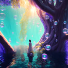 Surreal waterscape with two individuals, trees, bubbles, and radiant light