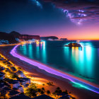 Twilight coastal city scene with illuminated streets, ocean, starry sky, and Milky Way.