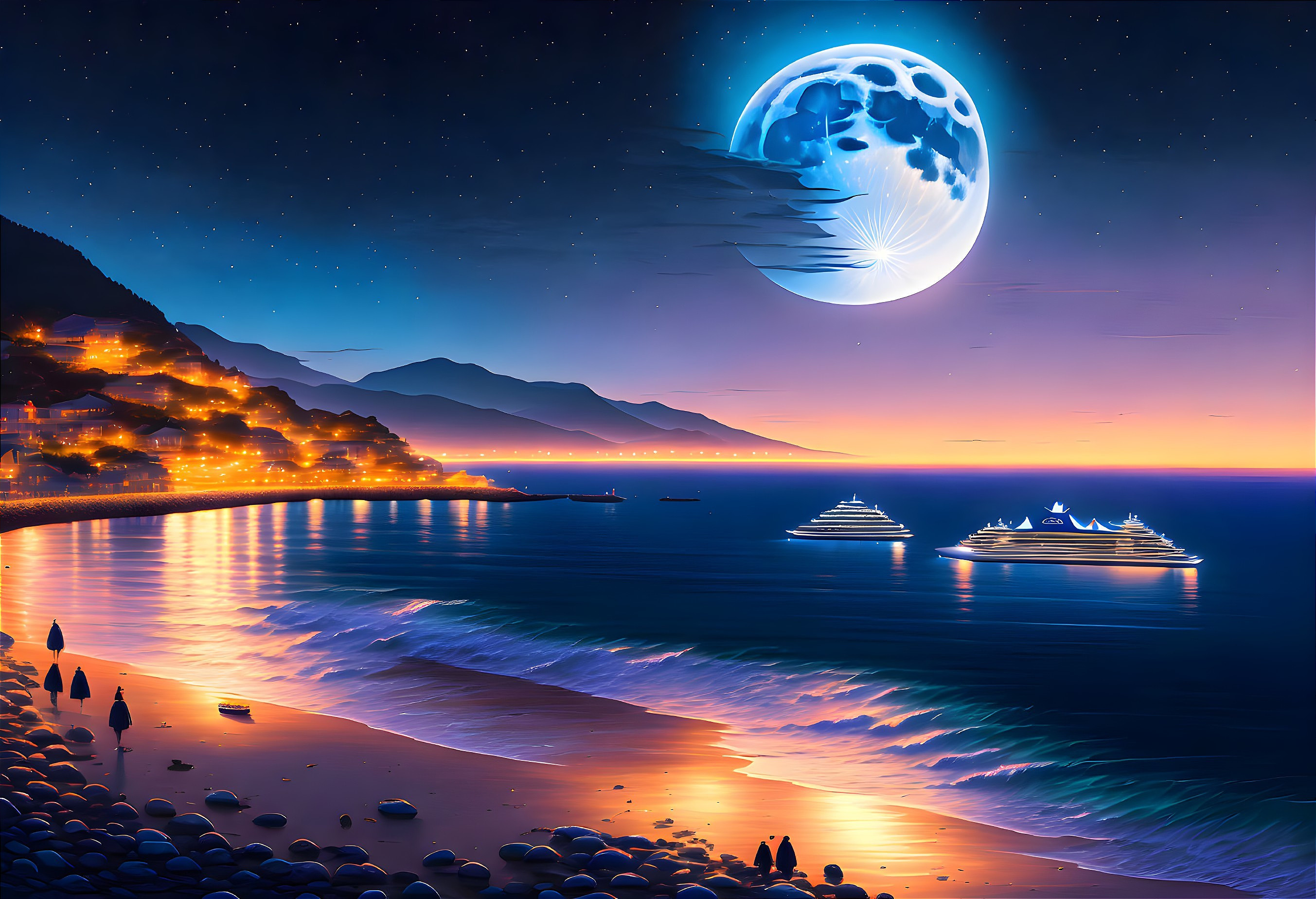 Vibrant beach night scene with large moon, shimmering sea, boats, and silhouettes