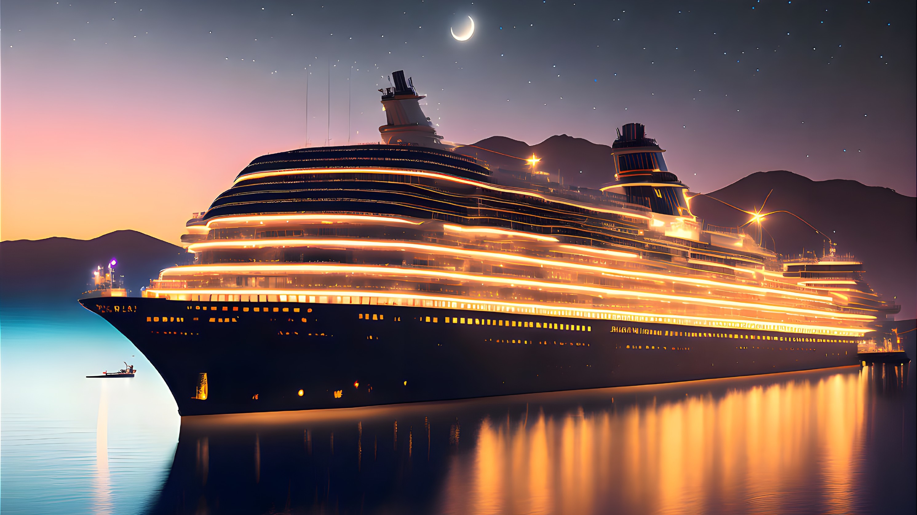 Cruise Ship Illuminated at Night on Calm Waters