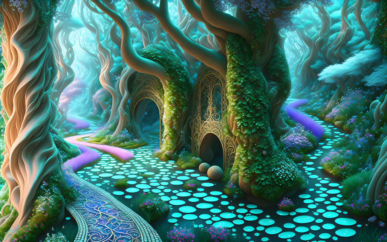 Lush Fantasy Forest with Twisted Trees and Glowing Flora