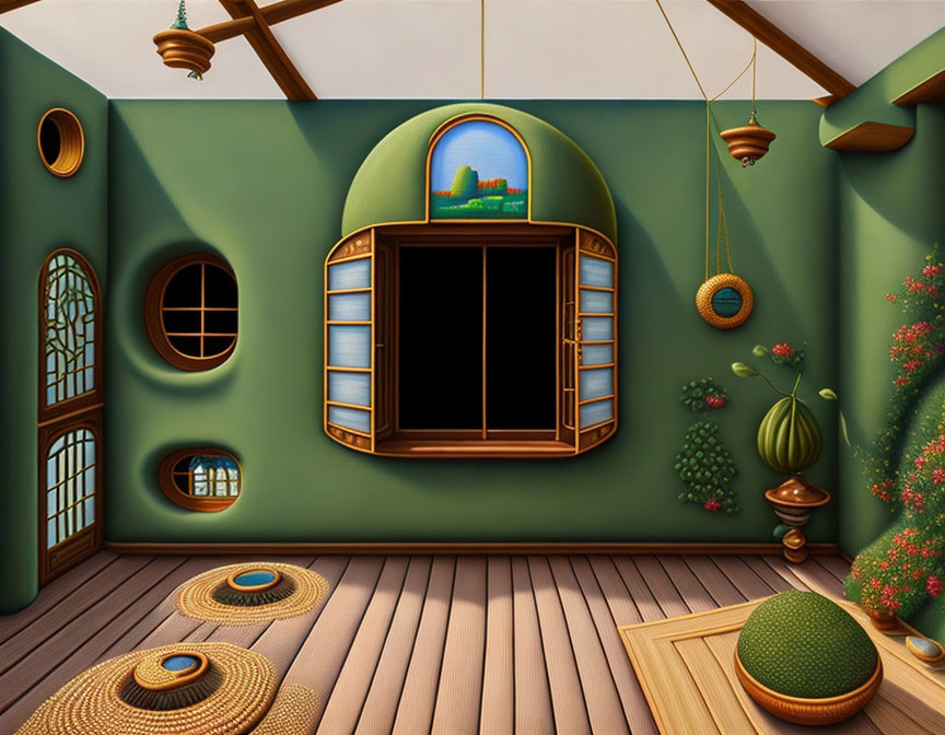 Stylized room with circular windows, wooden floor, hanging plants, and straw mats