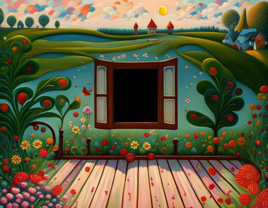 Colorful landscape painting with stylized flora and rolling hills viewed through window.