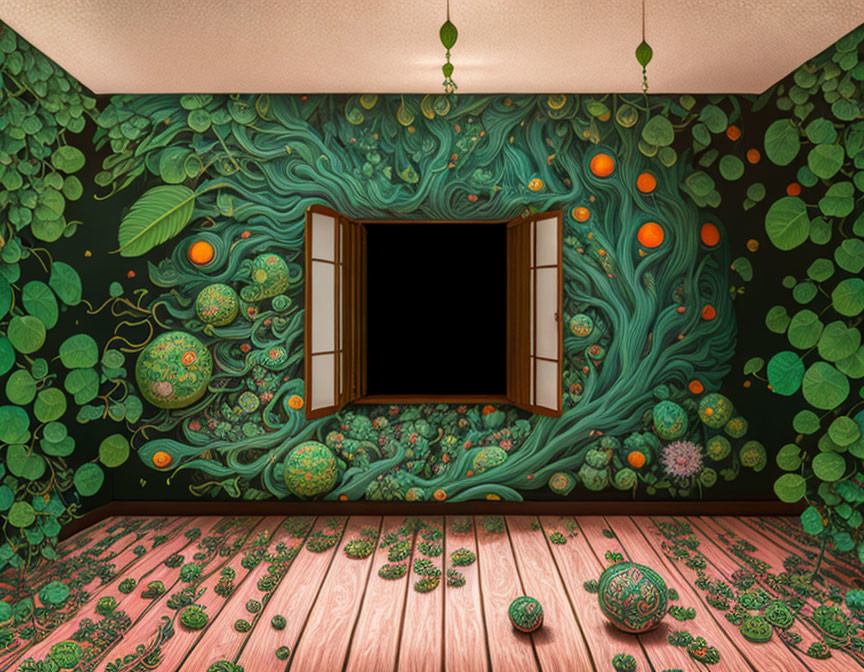 Vibrant green and orange botanical mural in a room with open window