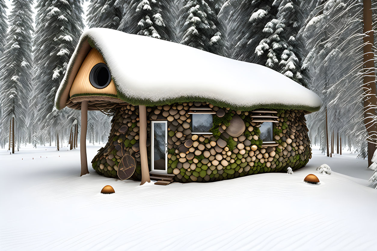 Snow-covered log cabin in serene winter forest