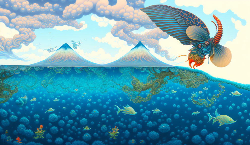 Colorful illustration of mythical fish swimming in underwater scene with twin peaks