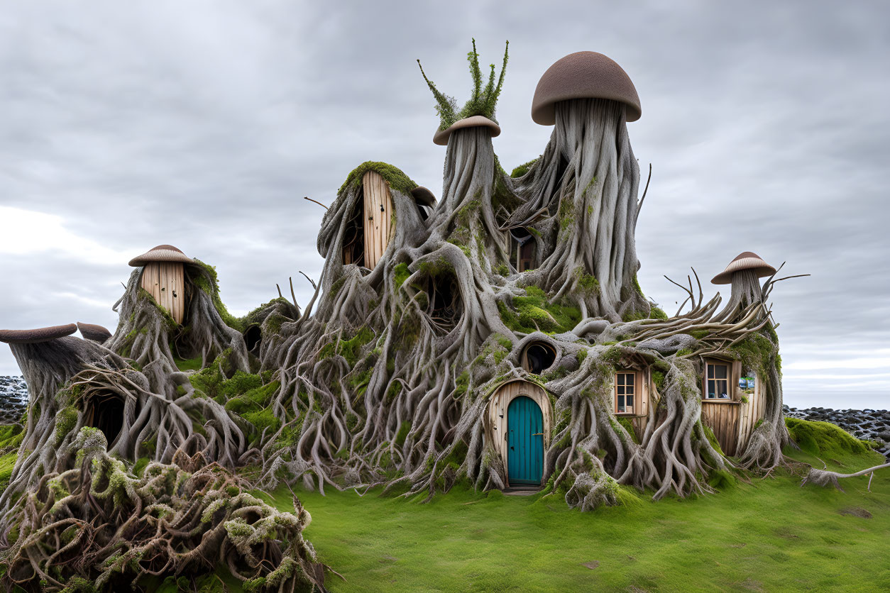 Whimsical treehouses with mushroom caps and twisted roots in cloudy sky