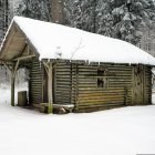 Snow-covered log cabin in serene winter forest