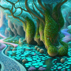 Lush Fantasy Forest with Twisted Trees and Glowing Flora