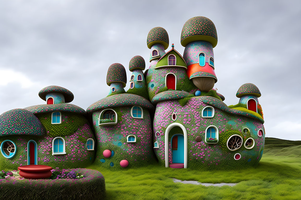 Colorful Mushroom-Shaped House in Green Landscape