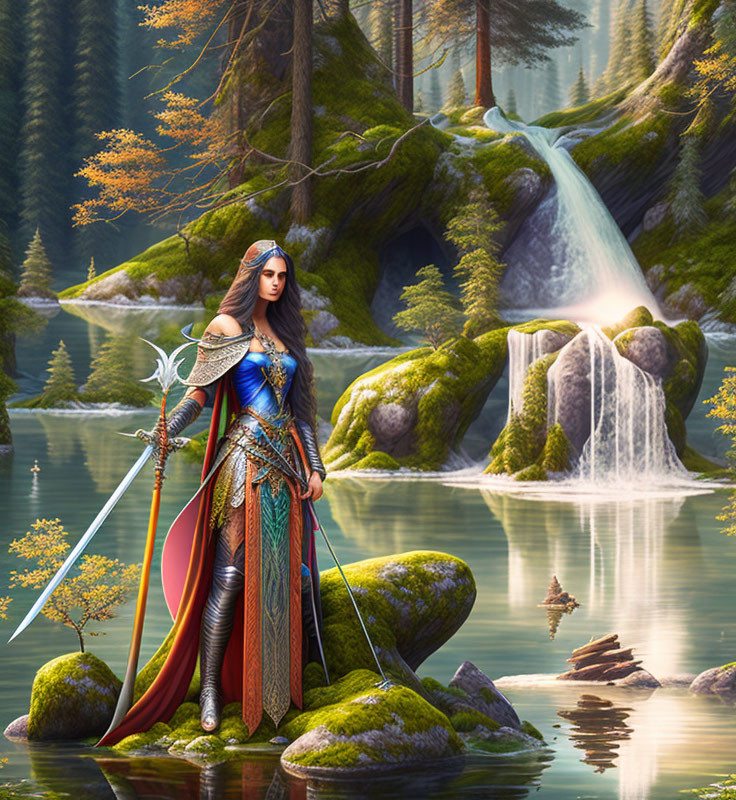 Warrior woman in elaborate armor in serene forest scene