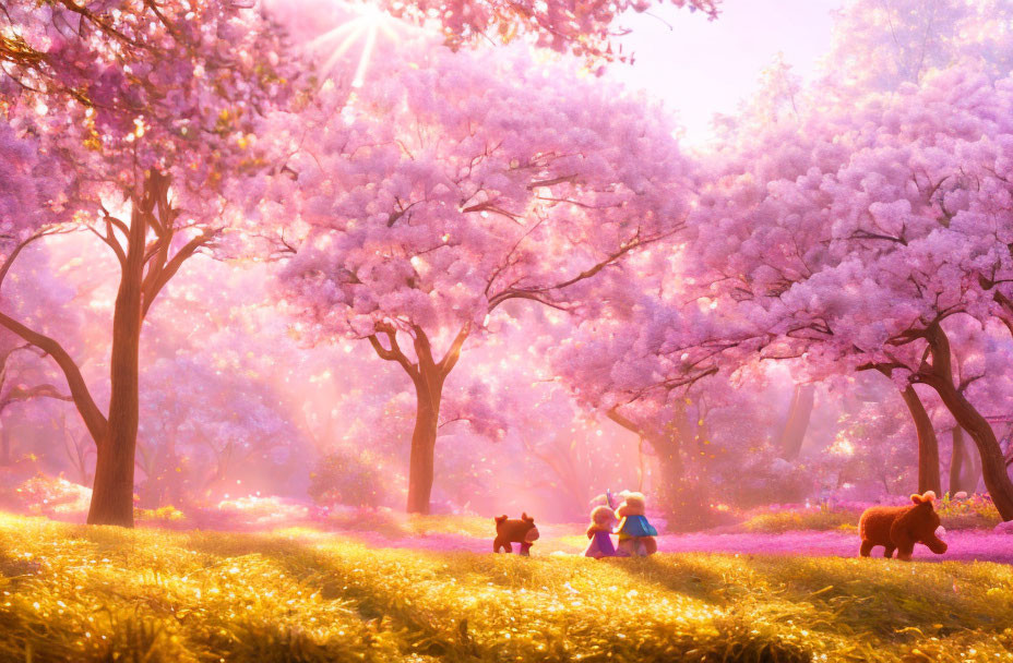 Colorful scene of people and bears under blossom trees in warm sunlight