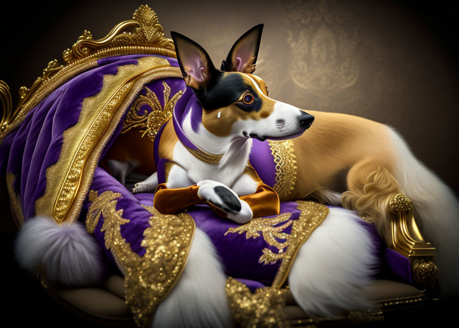 Regal Dog in Purple Robe on Ornate Chair