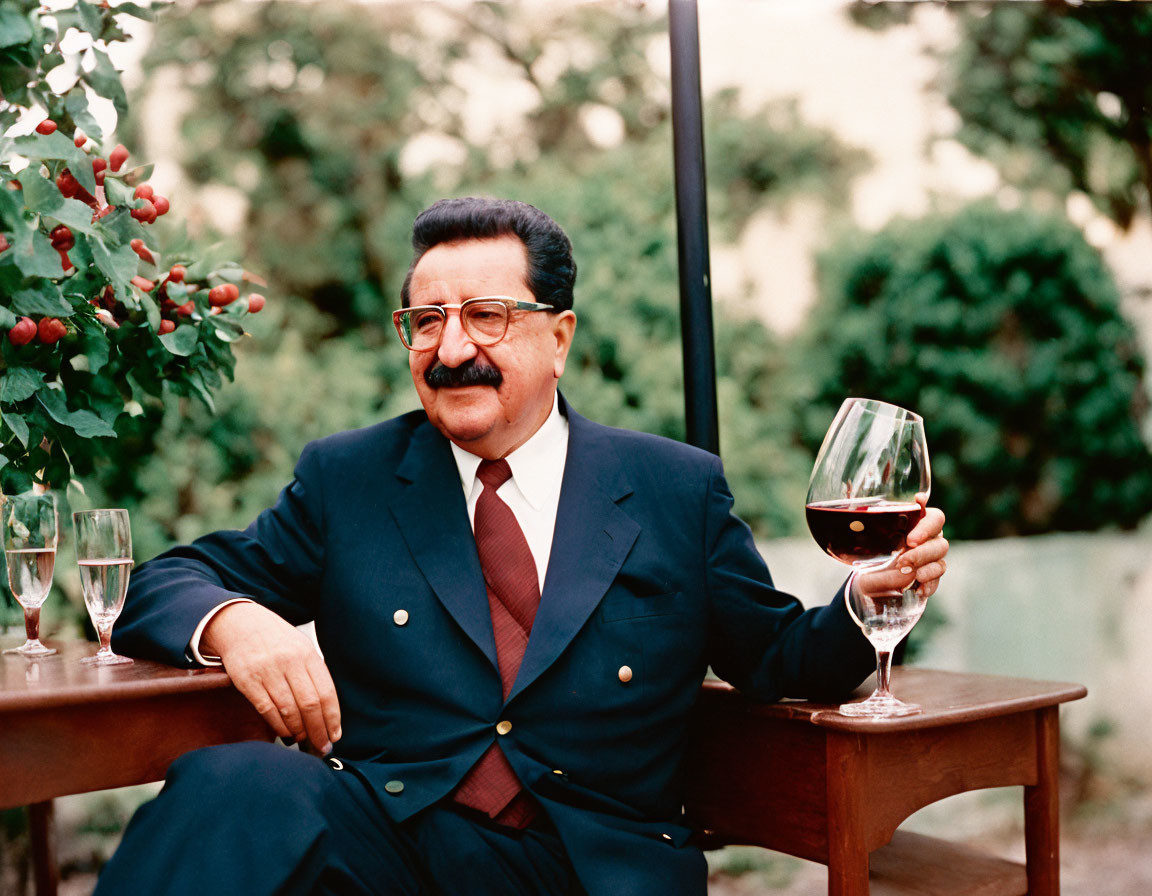 Man in suit with mustache holding red wine glass at table with greenery in background