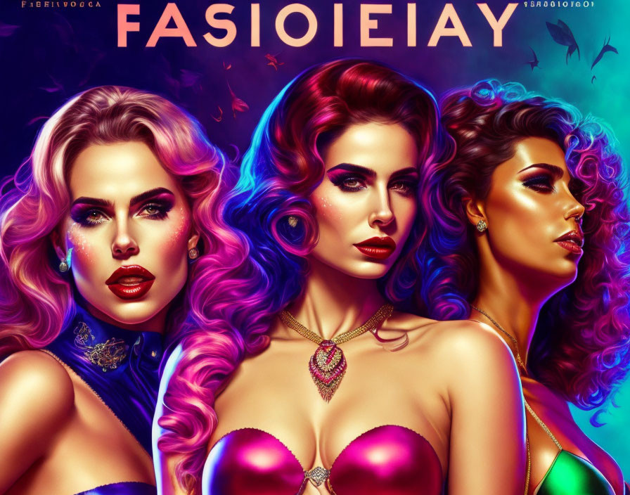 Vibrant hair and makeup on stylized women with bold colors and neon lighting effects