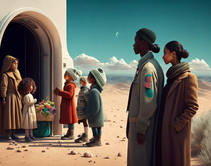 Futuristic family in desert with children presenting flowers at airlock doorway