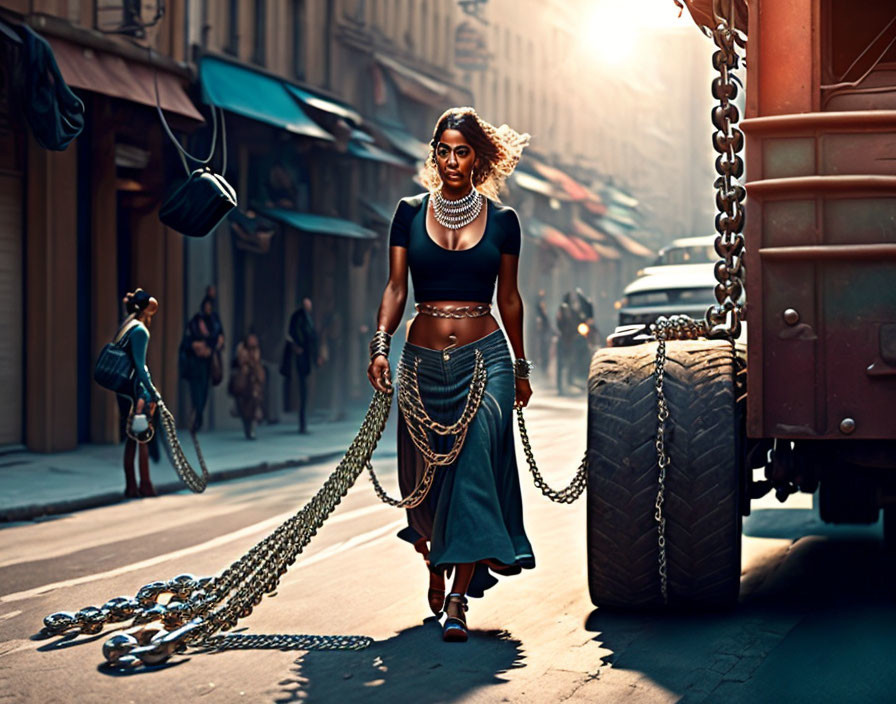 Elaborately adorned woman pulls heavy chains in powerful scene