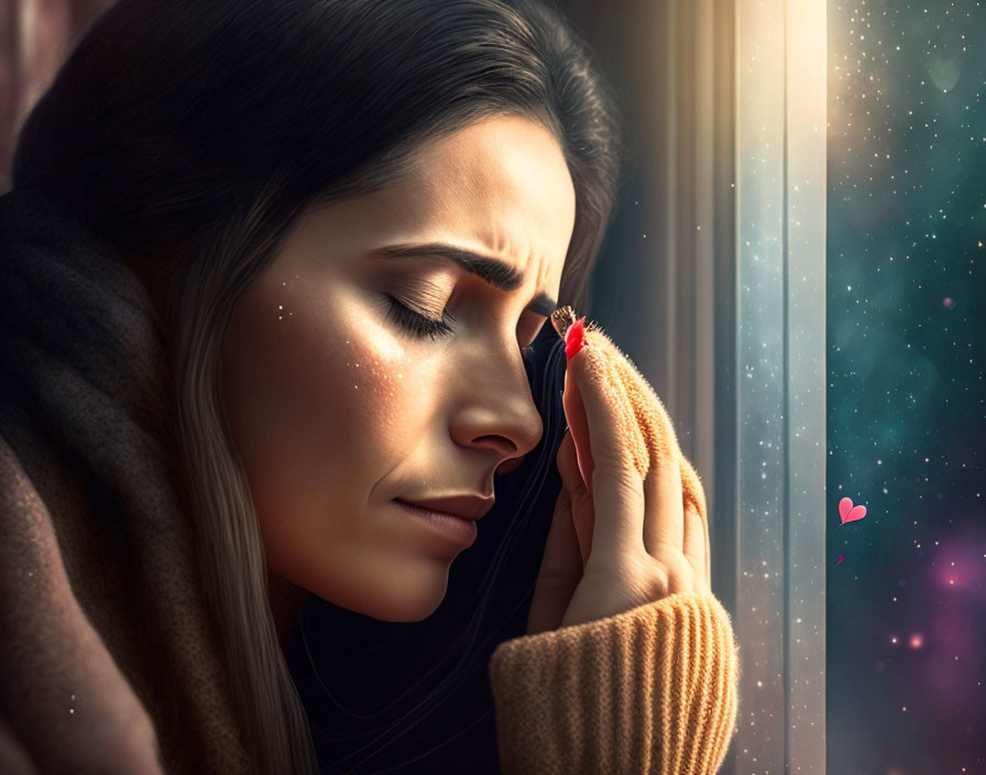 Serene woman with closed eyes at window, surrounded by light and heart shapes