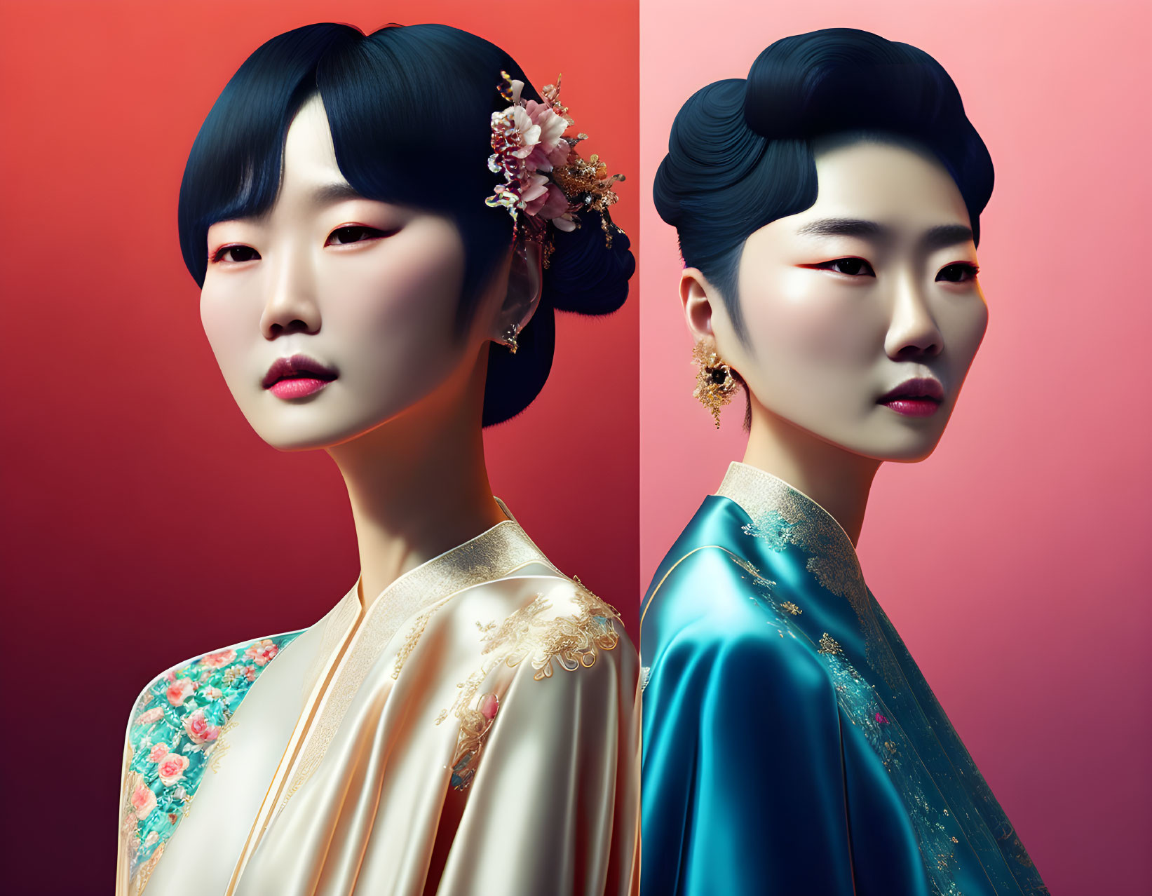 Traditional Korean Hairstyles in Hanboks on Red Gradient Background