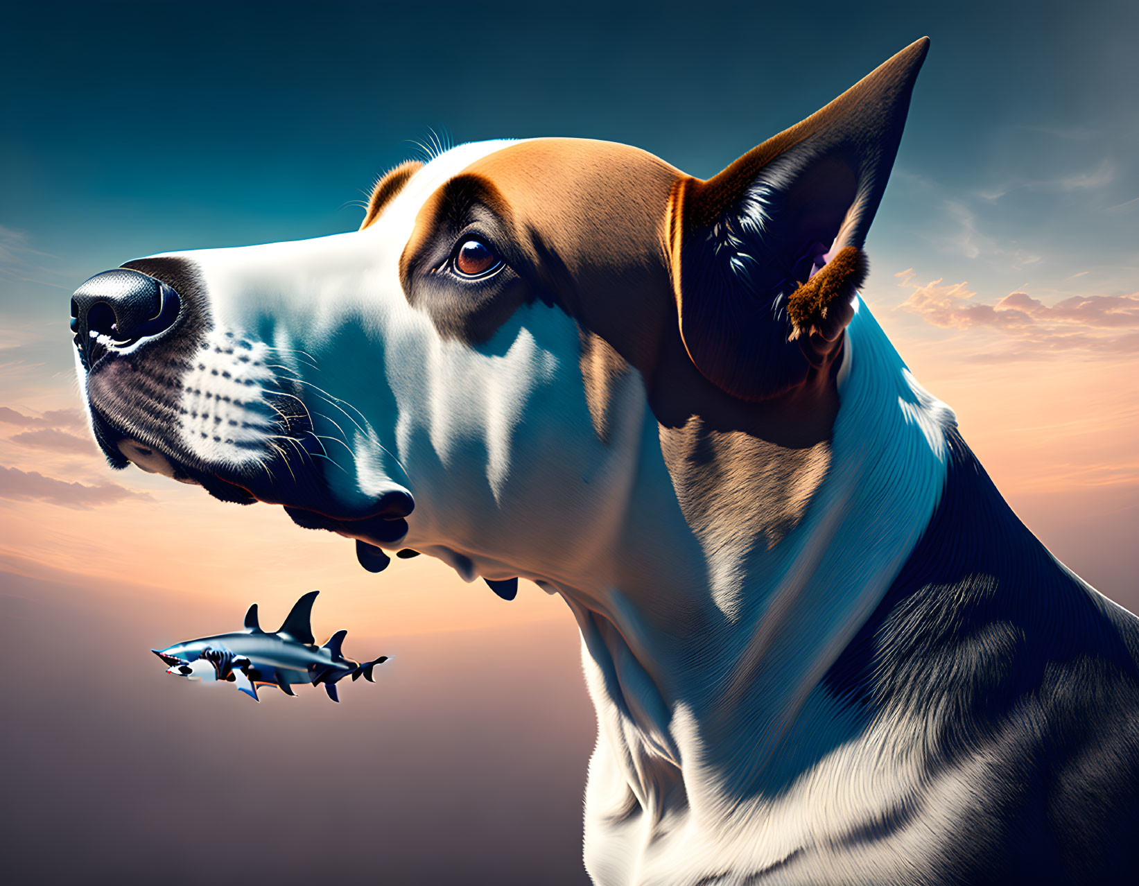 Detailed surreal image: large dog with shark-like aircraft in warm-toned sky