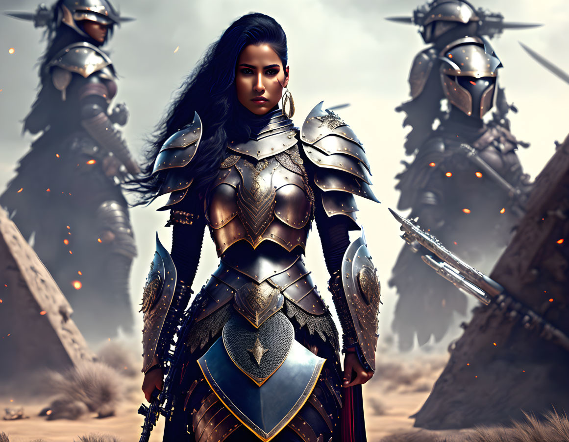 Elaborate armor warrior woman on desert battlefield