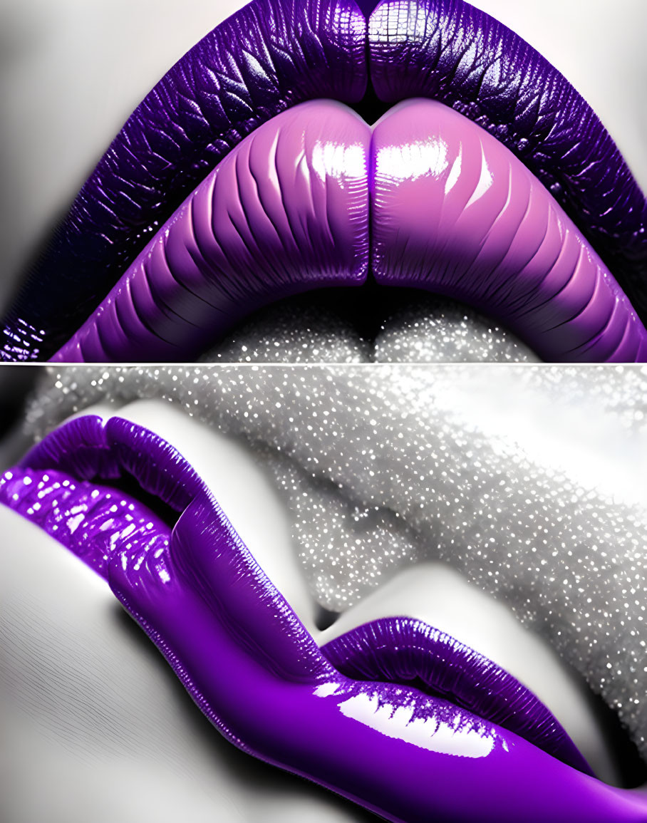 Close-up Artistic Image of Glossy Purple Lips and Finger on Monochrome Glittery Background