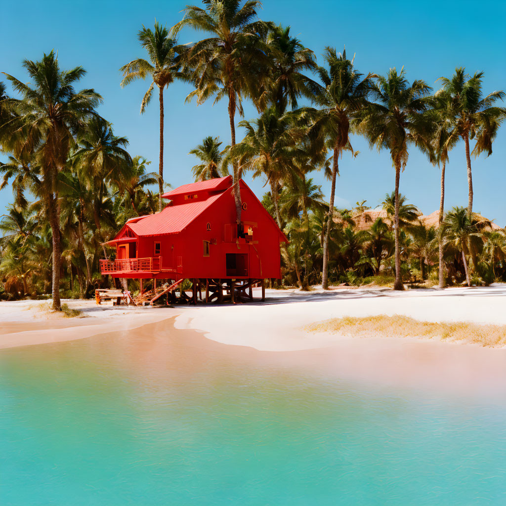 Red Stilt House Surrounded by Palm Trees on White Sandy Beach