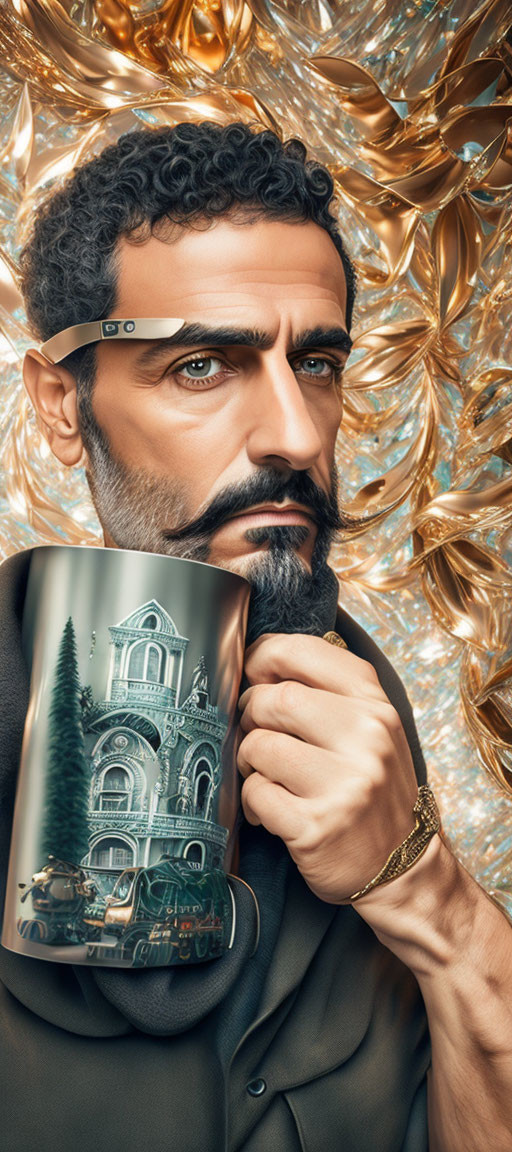 Bearded man in Google Glass with decorative mug on metallic-gold backdrop