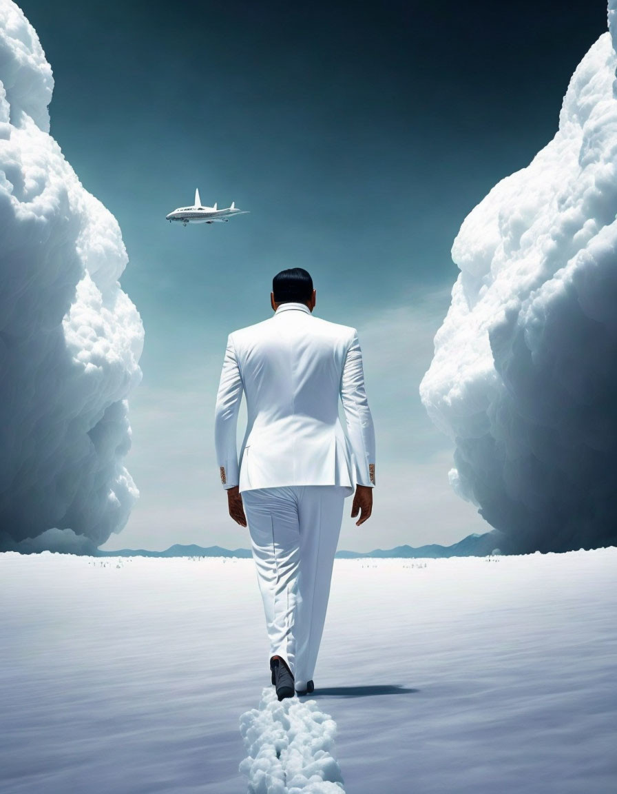 Man in white suit walking between towering snowbanks with plane overhead