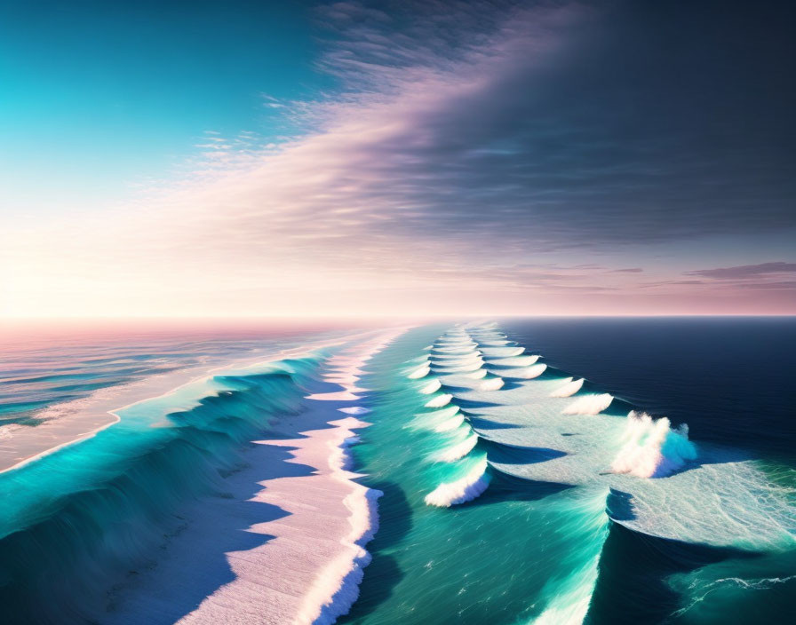 Tranquil Beachscape: Vibrant Teal Waves and Pastel Sky