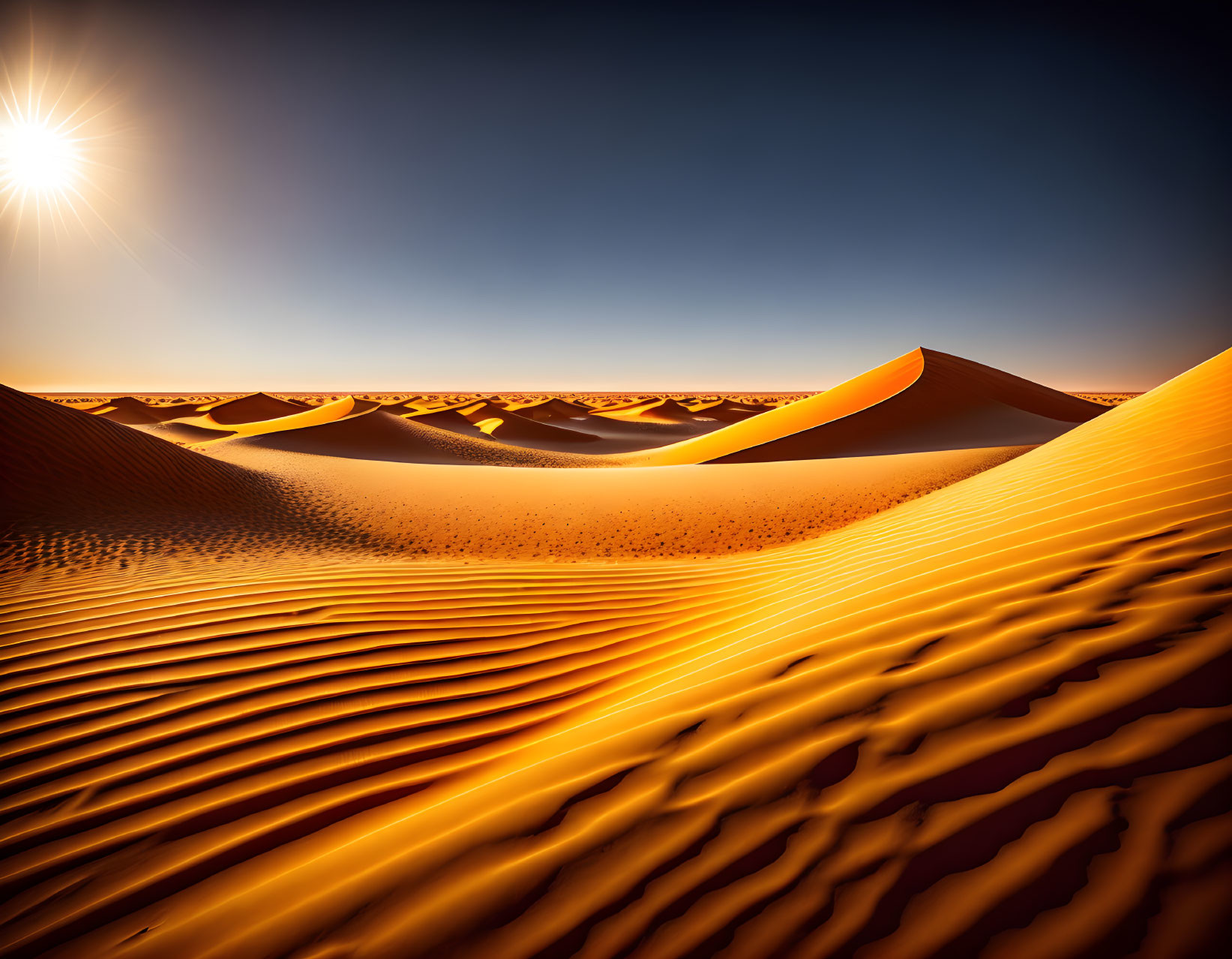 Desert sand dunes under warm sunlight contrast.