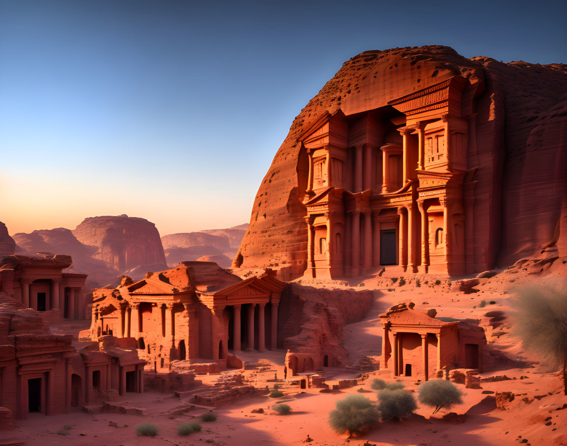 Ancient rock-cut architecture of Petra with Al Khazneh temple facade against towering cliffs at sunset