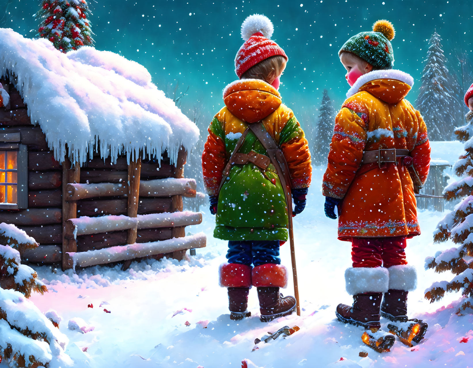 Children in colorful winter clothing near wooden cabin in snowfall