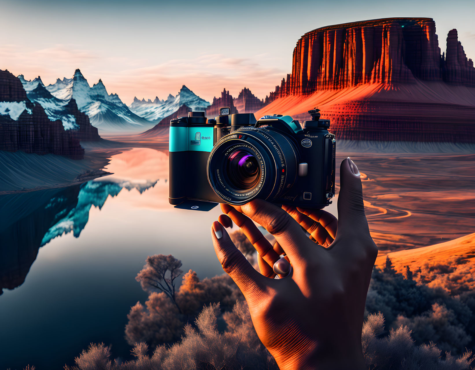 Hand holding camera against surreal landscape with lake, mountains, and dunes.