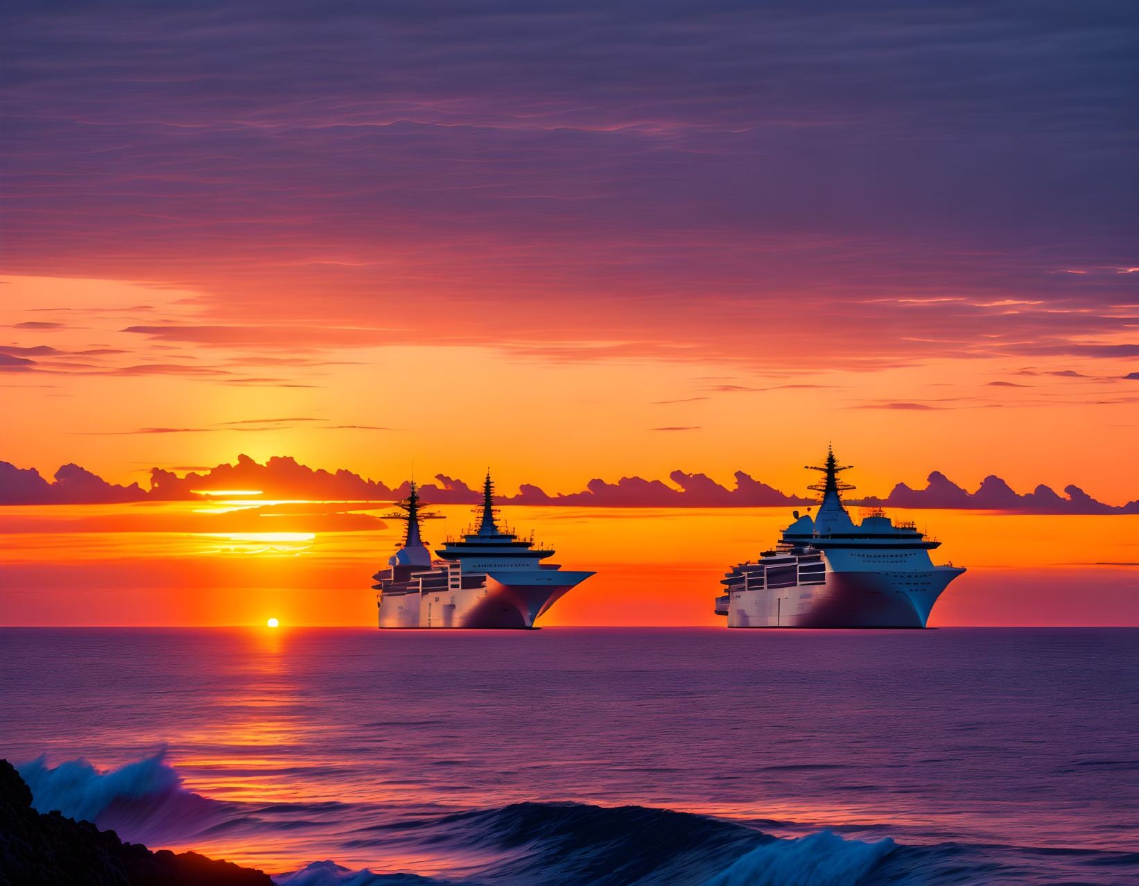 Vibrant Sunset Horizon with Three Cruise Ships