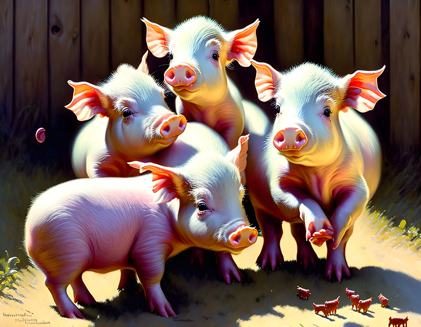 Four Cartoonish Piglets with Exaggerated Features Playing in Sunlight